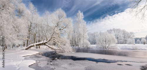 Obraz na płótnie Winter Lace: Realistic Panoramic Christmas Landscape In White Tones With Icy River, Surrounded By Whitetail Trees And Deep Blue Sky. Landscape With Frosty Forest, Beautiful Frozen River And Glade w salonie