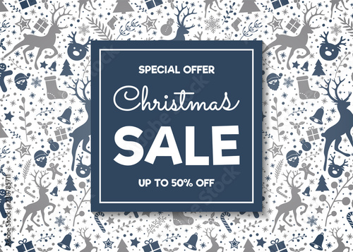 Christmas Sale - colorful flyer with decorations. Vector.