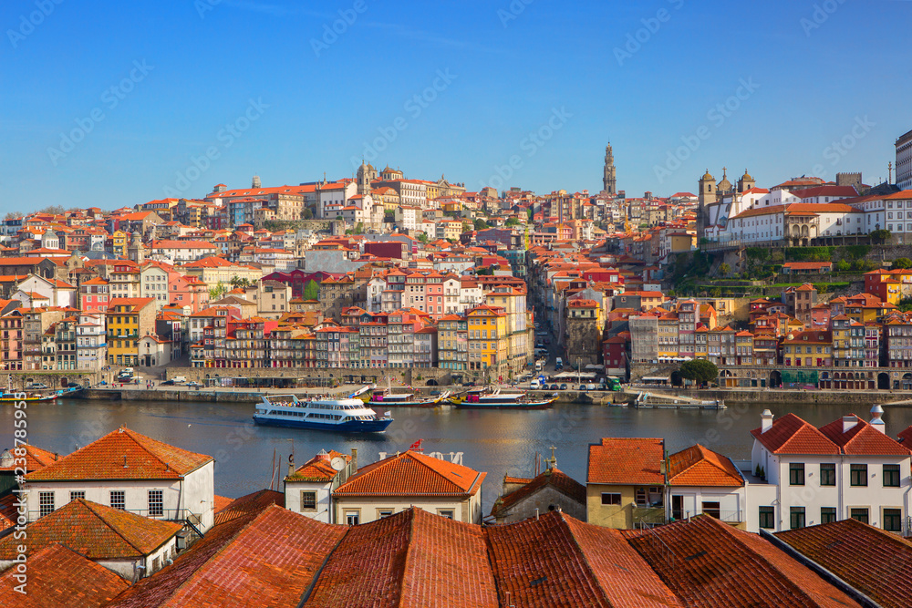 Scenic view on the historical part of Porto and the Douro river in  sunny spring morning, Portugal.