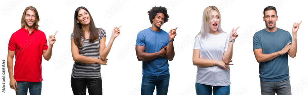 Composition of african american, hispanic and caucasian group of people over isolated white background with a big smile on face, pointing with hand and finger to the side looking at the camera. Composition of african american, hispanic and caucasian group of people over isolated white background with a big smile on face, pointing with hand and finger to the side looking at the camera.