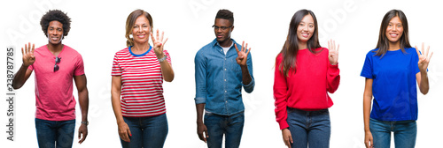Composition of african american, hispanic and chinese group of people over isolated white background showing and pointing up with fingers number four while smiling confident and happy.