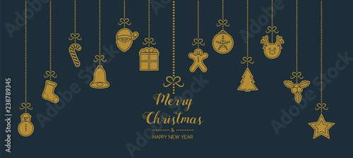 Design of Christmas banner with wishes and hand drawn ornaments. Vector.