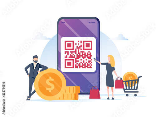 QR code payment vector illustration concept, people use smartphone and scan qr code for payment and everything, can use