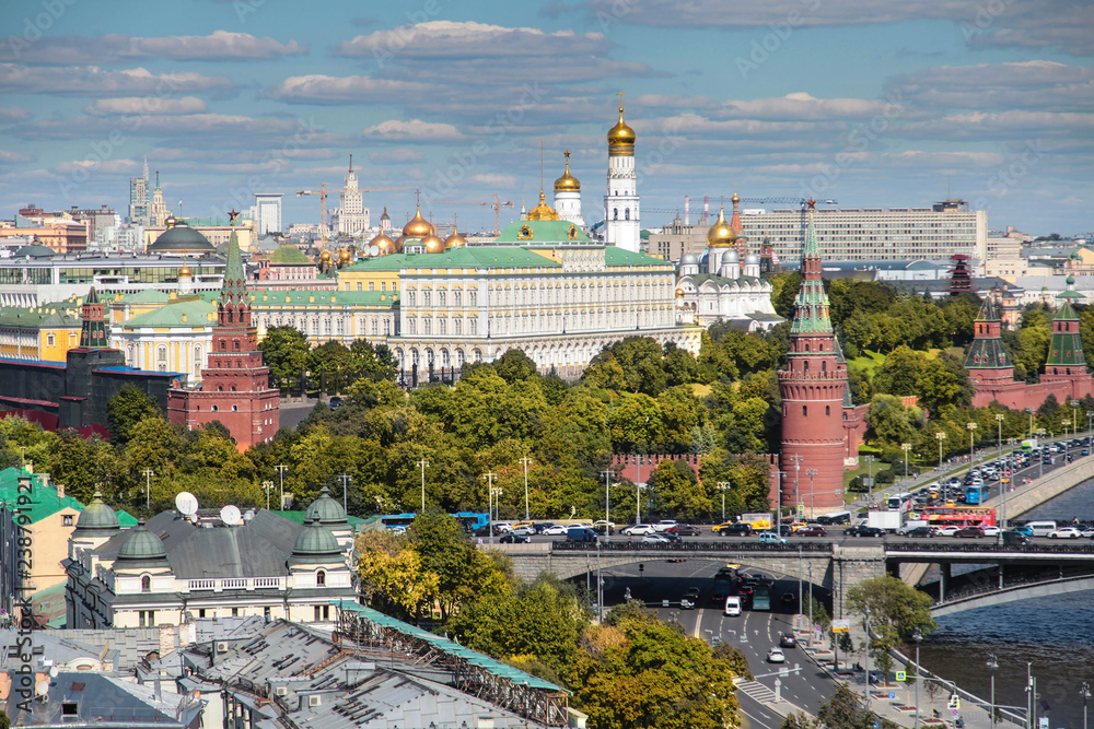 MOSCOW, RUSSIA - AUGUST 17, 2018: Panoramic view of the center of Moscow Kremlin and the Moscow river