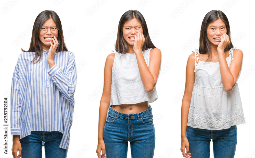 Obraz premium Collage of asian young woman standing wearing glasses over white isolated background looking stressed and nervous with hands on mouth biting nails. Anxiety problem.