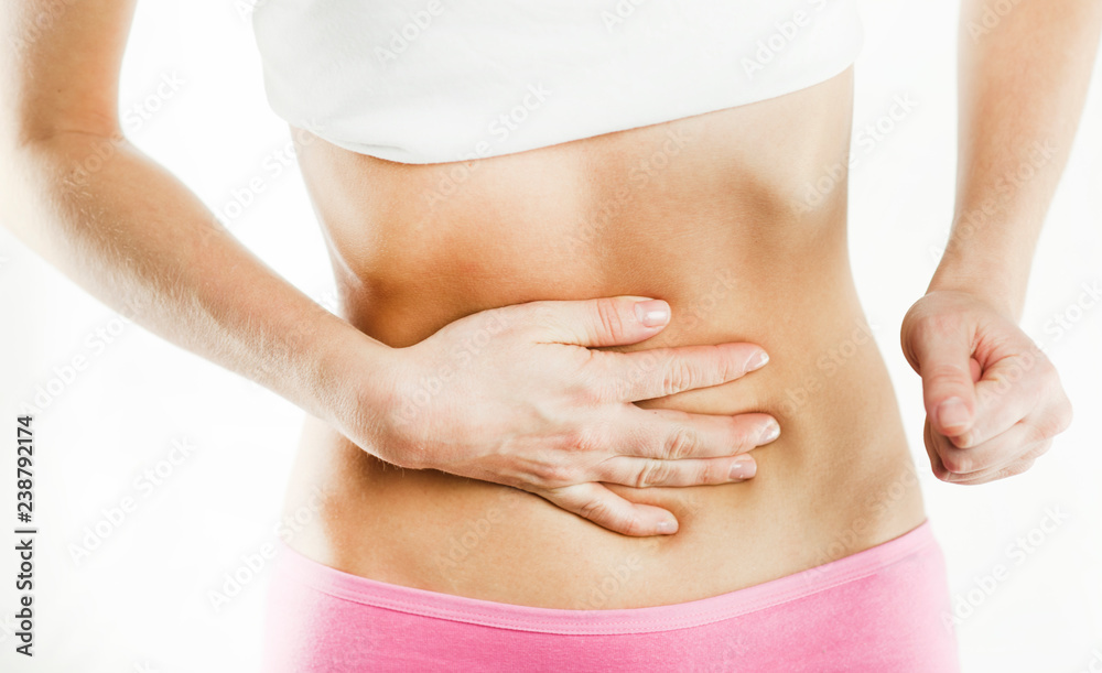 Abdominal pain, touching, isolated on white background Abdominal pain, touching, isolated on white background