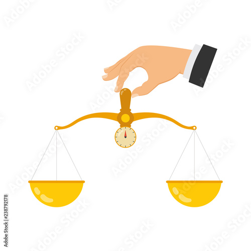 Hand holding scales to weigh objects. Scales in the hands of man, scales in the hands of justice, justice concept. Vector illustration