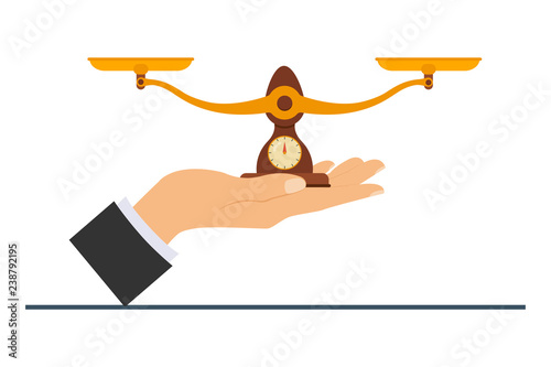 Hand holding scales to weigh objects. Scales in the hands of man, scales in the hands of justice, justice concept. Vector illustration