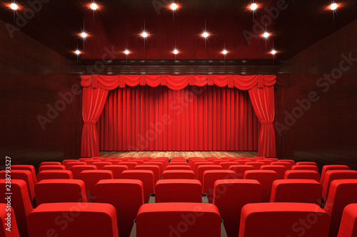 Leere Theater Bühne mit rotem Vorhang und Sitzreihen, 3D Rendering photo