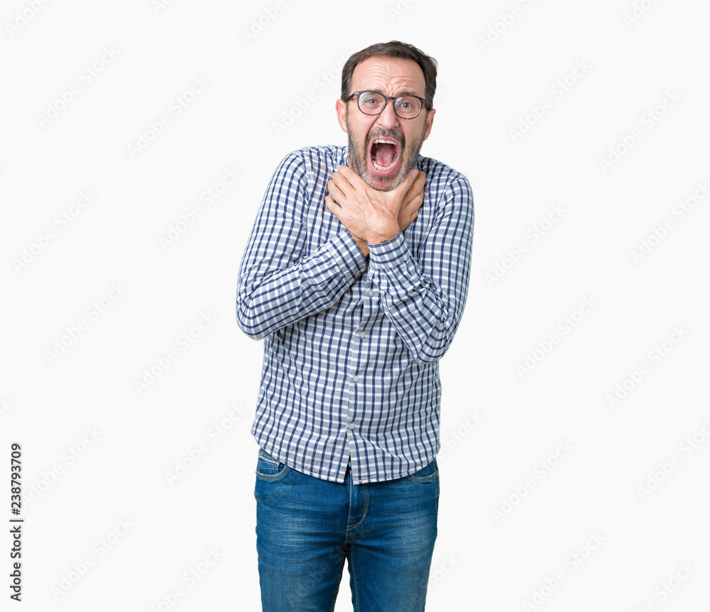 Handsome middle age elegant senior business man wearing glasses over isolated background shouting and suffocate because painful strangle. Health problem. Asphyxiate and suicide concept. Handsome middle age elegant senior business man wearing glasses over isolated background shouting and suffocate because painful strangle. Health problem. Asphyxiate and suicide concept.