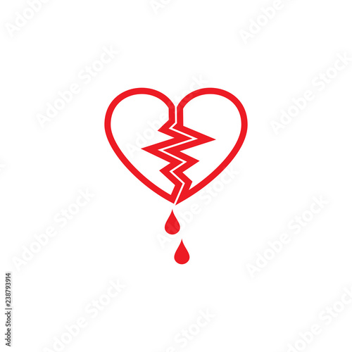 The split heart with blood drops. Set of vector icons. Termination of unfortunate love. Flat design.