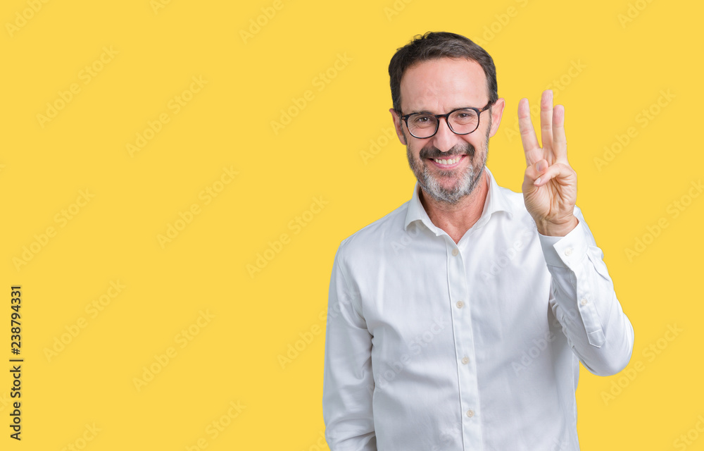 Handsome middle age elegant senior business man wearing glasses over isolated background showing and pointing up with fingers number three while smiling confident and happy. Handsome middle age elegant senior business man wearing glasses over isolated background showing and pointing up with fingers number three while smiling confident and happy.