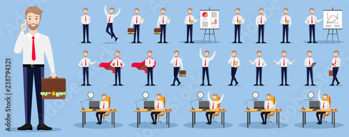 Set of businessman characters on a blue background in various poses. Flat illustrations on blue background.