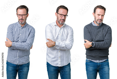 Collage of handsome senior business man over white isolated background skeptic and nervous, disapproving expression on face with crossed arms. Negative person.