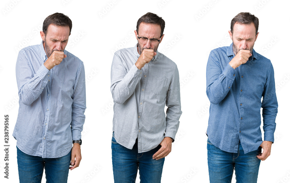 Collage of handsome senior business man over white isolated background feeling unwell and coughing as symptom for cold or bronchitis. Healthcare concept. Collage of handsome senior business man over white isolated background feeling unwell and coughing as symptom for cold or bronchitis. Healthcare concept.