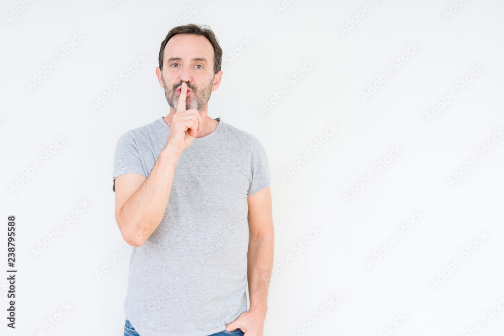 Handsome senior man over isolated background asking to be quiet with finger on lips. Silence and secret concept. Handsome senior man over isolated background asking to be quiet with finger on lips. Silence and secret concept.