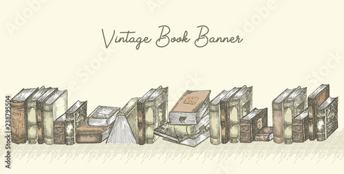 Banner with hand drawing sketch books. Concept vintage design for fair or festival flyer, paper, banner, school library retro poster, bookshop advertising in engraving style