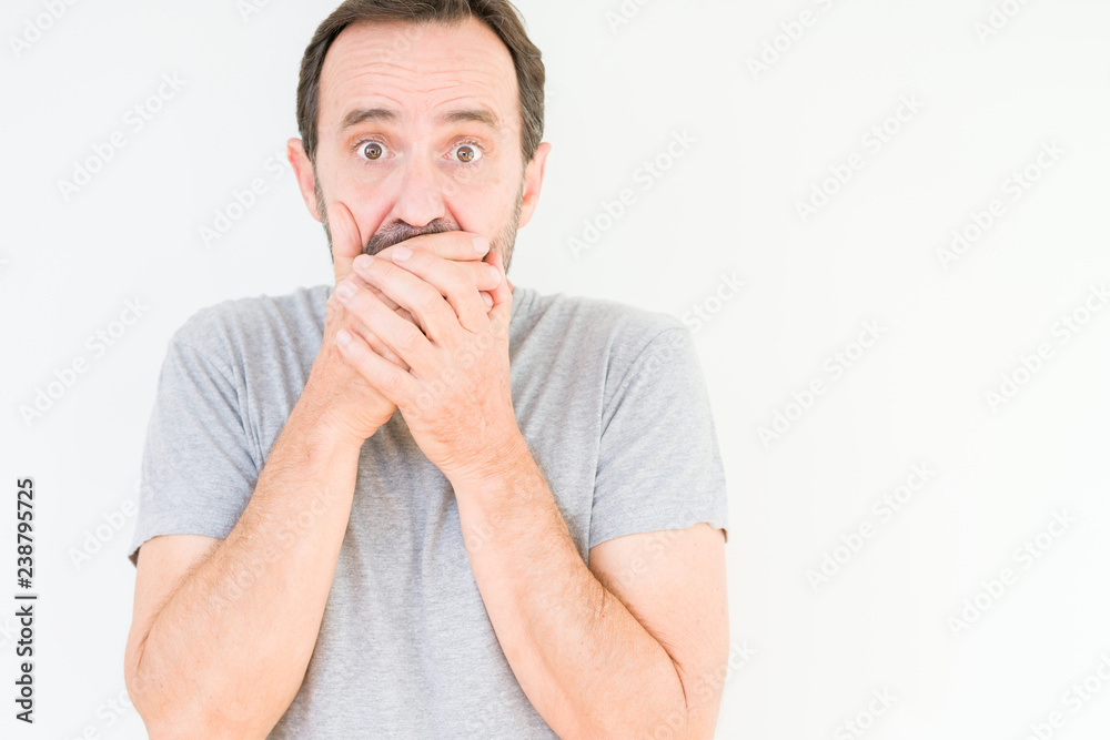 Handsome senior man over isolated background shocked covering mouth with hands for mistake. Secret concept. Handsome senior man over isolated background shocked covering mouth with hands for mistake. Secret concept.