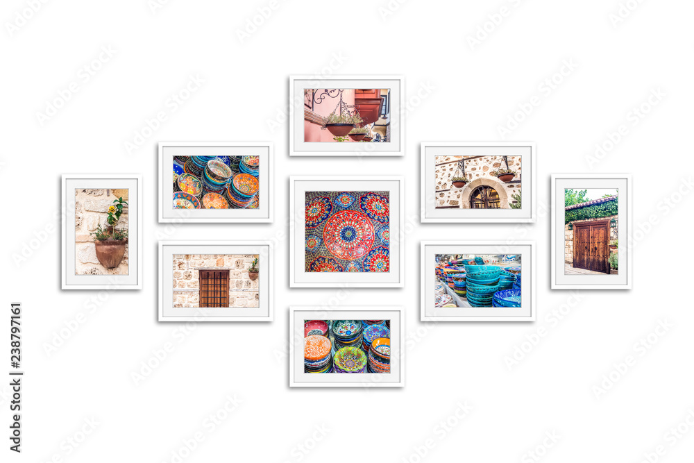 Fototapeta premium Photo frames collage with street photography, pictures of old city. White frameworks mock up