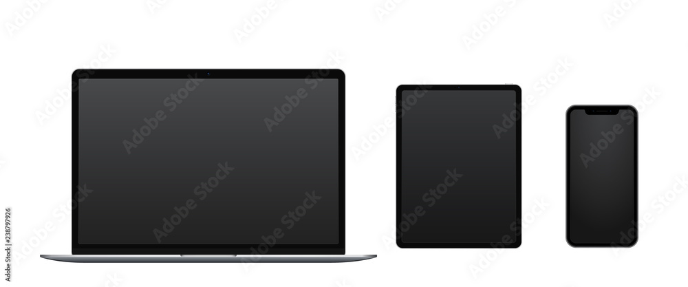 Front view electronic devices: laptop, tablet and smart phone isolated on white background with empty screen. Vector illustration Front view electronic devices: laptop, tablet and smart phone isolated on white background with empty screen. Vector illustration