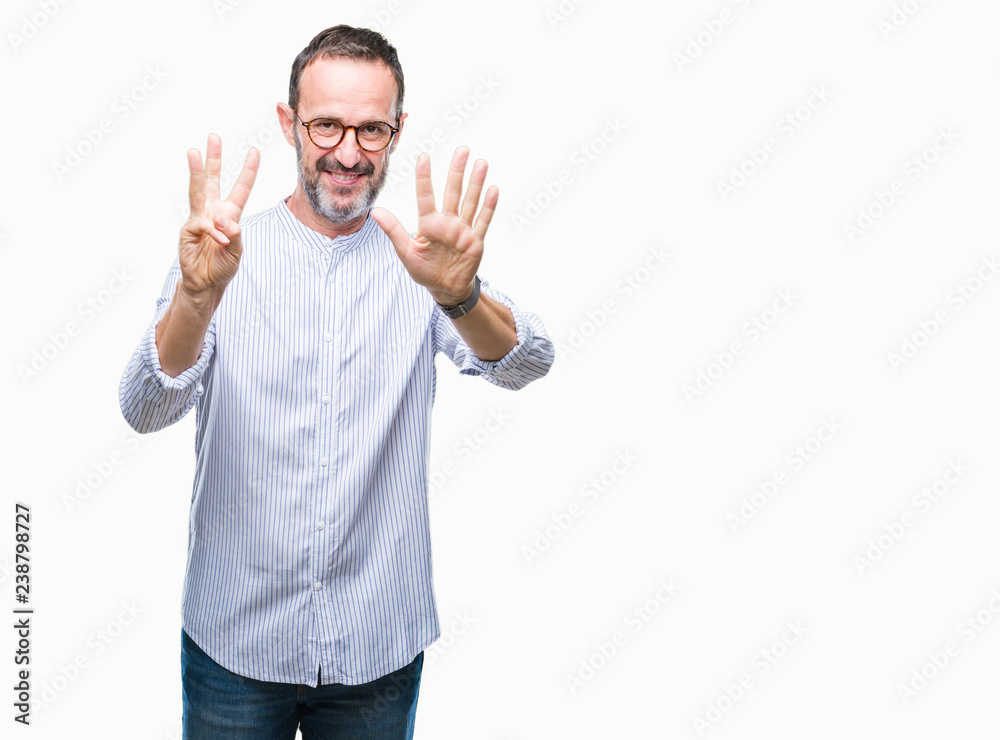 Middle age hoary senior man wearing glasses over isolated background showing and pointing up with fingers number eight while smiling confident and happy. Middle age hoary senior man wearing glasses over isolated background showing and pointing up with fingers number eight while smiling confident and happy.