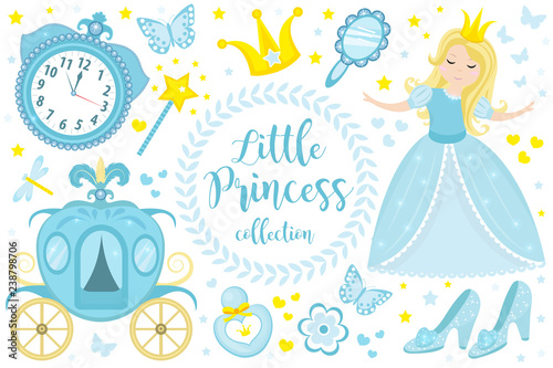Cute little princess Cinderella set objects. Collection design element with pretty girl, carriage, watch, mirror, accessories. Kids baby clip art funny smiling character. Vector iillustration