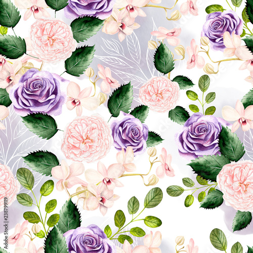 Watercolor pattern with green leaves, rose and orchids flowers.