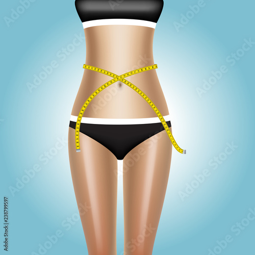 Woman body with measure tape. Lady is measuring her waist with a tape measure in centimeters and millimeters. Isolated image.