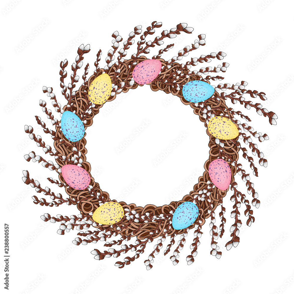 Obraz premium A wreath of young willow branches, decorated with colorful Easter eggs. Symbol of spring and Easter. 