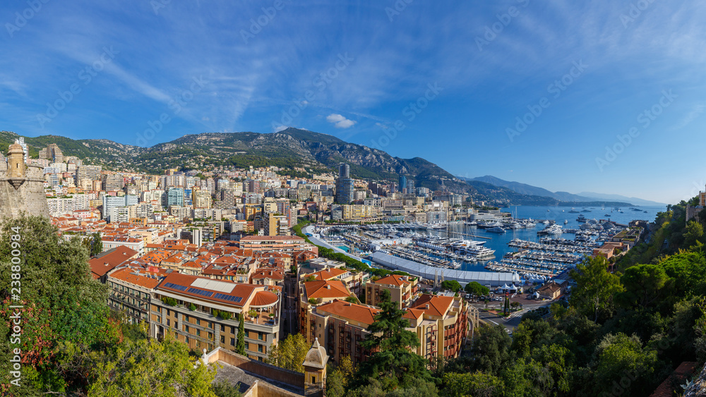 Monaco, Monte Carlo, wide panorama of port Hercule