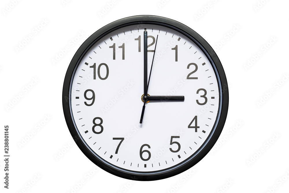 Wall clock shows time 3 o'clock on white isolated background. Round wall clock - front view. Fifteen o'clock Wall clock shows time 3 o'clock on white isolated background. Round wall clock - front view. Fifteen o'clock