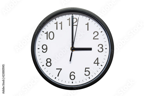 Wall clock shows time 3 o'clock on white isolated background. Round wall clock - front view. Fifteen o'clock