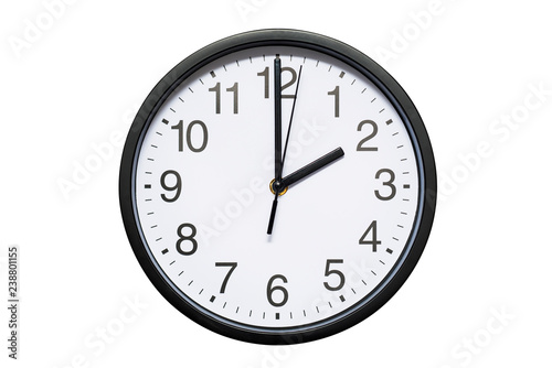 Wall clock shows time 2 o'clock on white isolated background. Round wall clock - front view. Fourteen o'clock