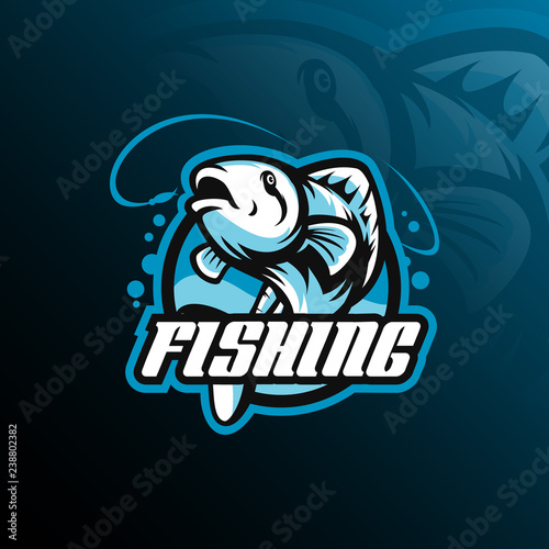 fish mascot logo design vector with modern illustration concept style for badge, emblem and tshirt printing. fish jumping illustration with fishing rod