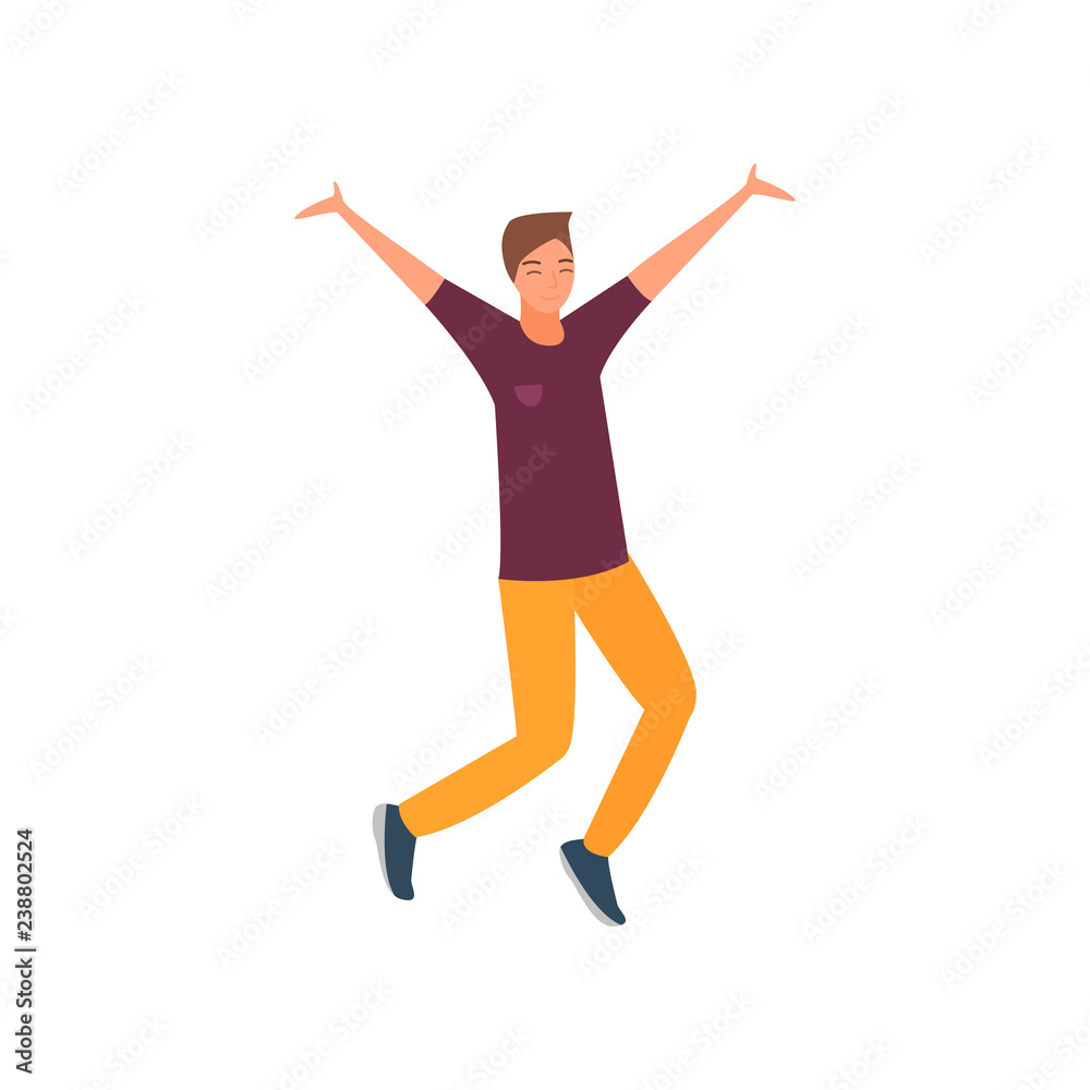 Young beautiful man in fashionable clothes jumping from happiness and fun. Young beautiful man in fashionable clothes jumping from happiness and fun.