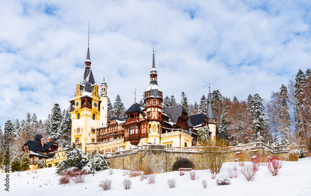 Peles castle Sinaia in winter season, Transylvania, Romania