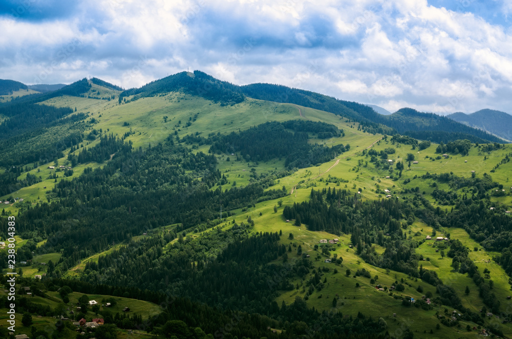 aerial view, mountain hills, home. summer landscape. Ukraine Carpathians