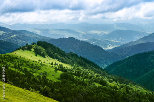 Landscape from height to mountain slopes, meadow. Carpathians Ukraine. © balakleypb