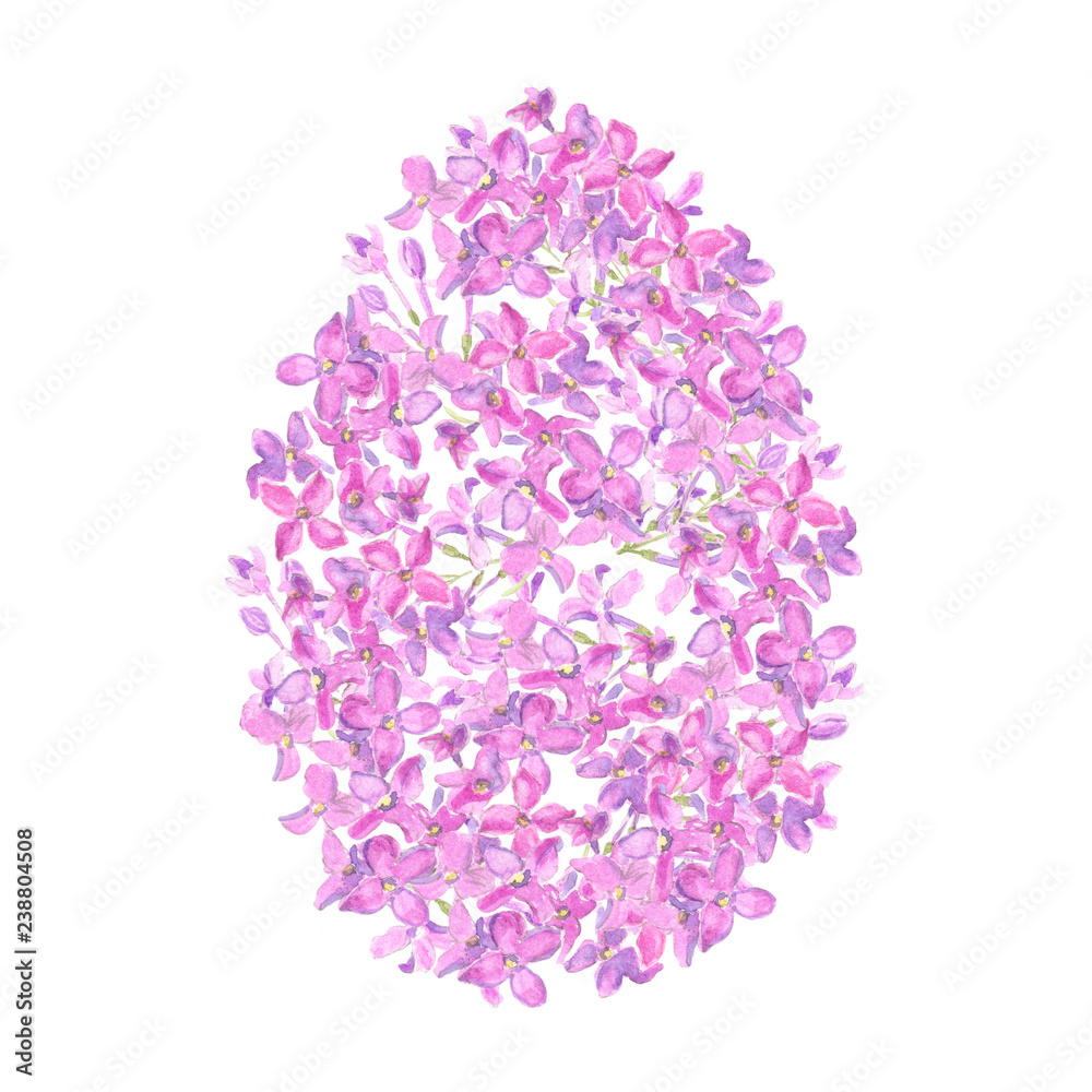 Watercolor pink syringa Easter egg design. May be used for Easter textile decoration print, invitation card, spring decor, wrapping paper and window decoration.