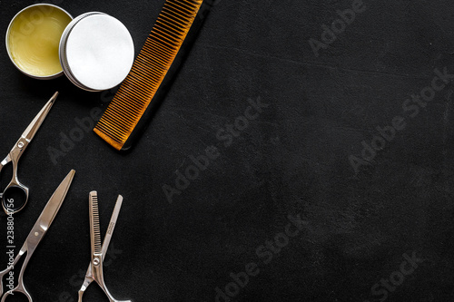 barbershop desk with tools for male care dark background top view mock-up