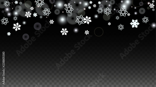 Christmas  Vector Background with White Falling Snowflakes Isolated on Transparent Background. Realistic Snow Sparkle Pattern. Snowfall Overlay Print. Winter Sky. Design for Party Invitation.