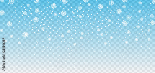 Falling snowflakes on a transparent background. Snow pattern. Vector illustration. Winter snowing sky. Eps 10.