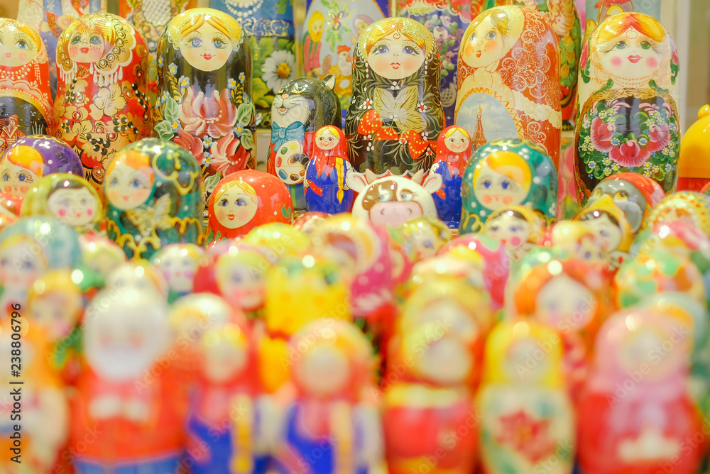 Fototapeta premium Matrioshka dolls at christmas souvenir market in Russia