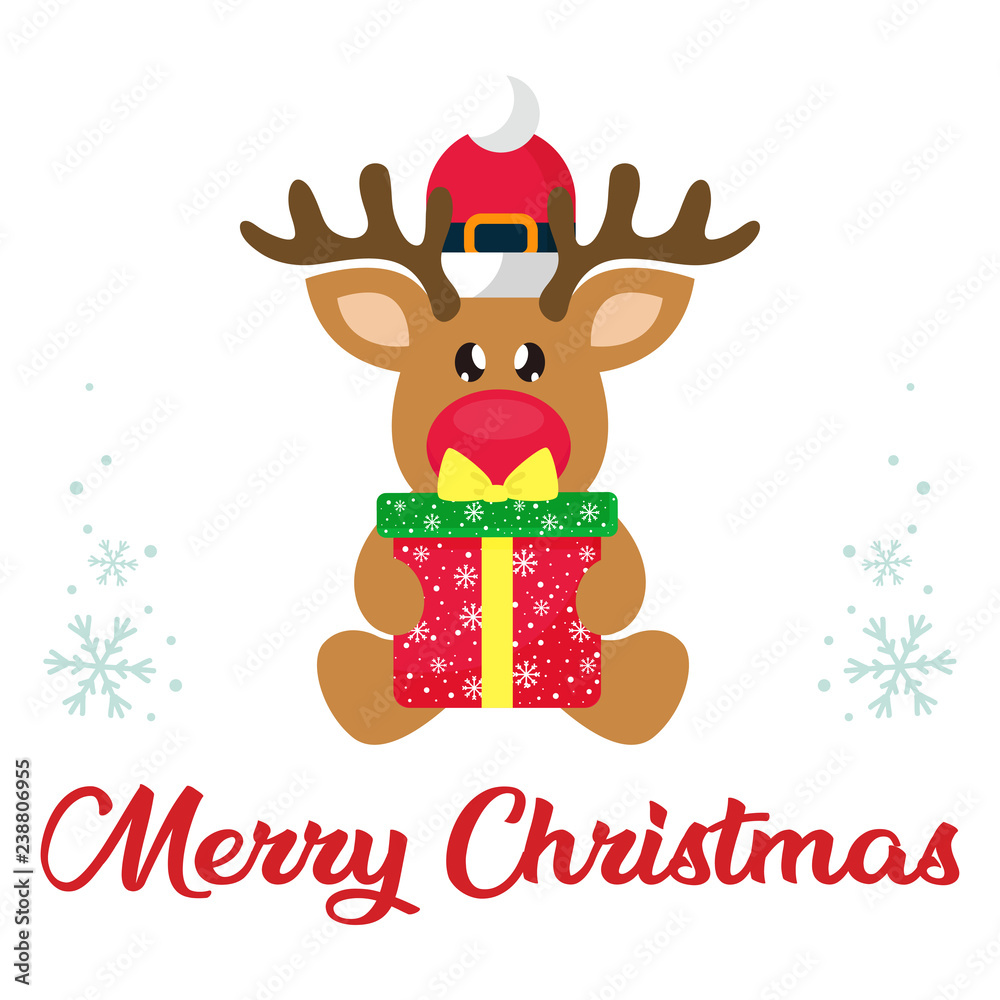 cartoon winter christmas deer sitting with christmas present and christmas text