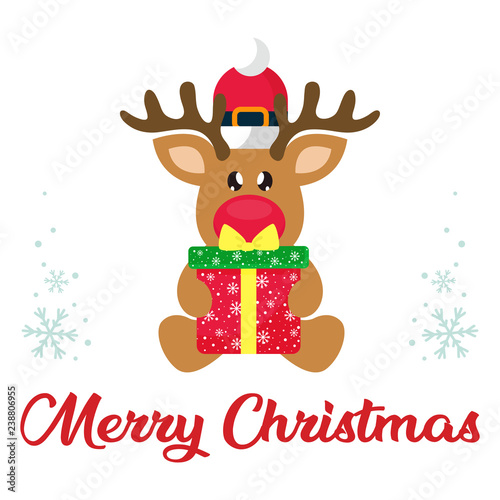 cartoon winter christmas deer sitting with christmas present and christmas text © julia_january
