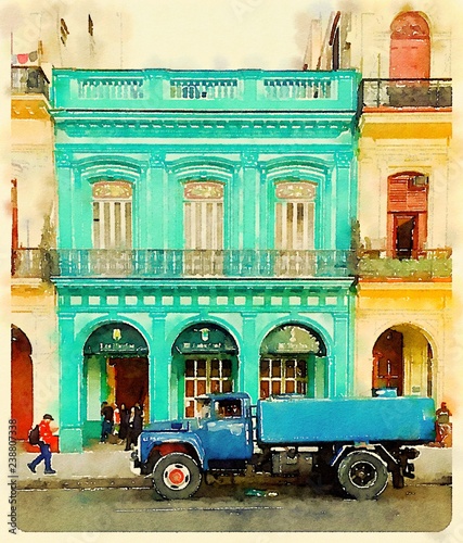 Blue water tank truck in Havana in Cuba