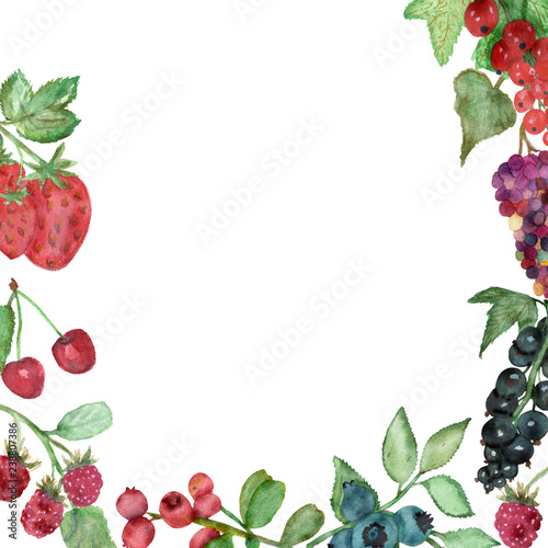 Watercolor tasty berries with green leaves on the branches, isolated on a white background, hand-painted food for a beautiful design. Illustration of botanical berries for an elegant decoration with l