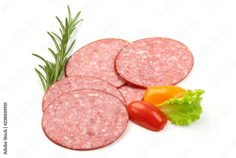 Salami Slices with herbs and tomatoes, isolated on a white background. Close-up