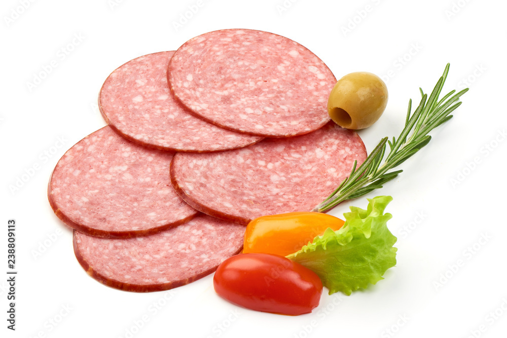 Thinly Sliced Salami with herbs and tomatoes, isolated on a white background. Close-up Thinly Sliced Salami with herbs and tomatoes, isolated on a white background. Close-up