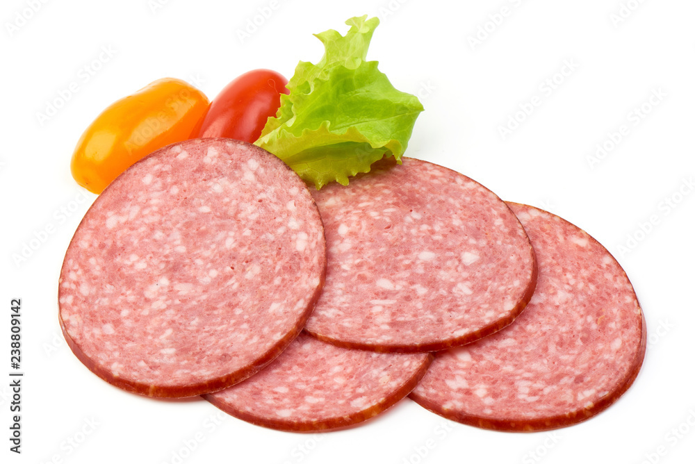Cold Salami slices with lettuce and tomatoes, isolated on a white background. Close-up